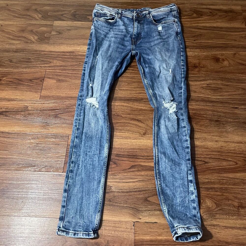 Denim Co. Super Skinny Jeans Tight Fit Stretchy Blue Distressed Men's Size 34X32
